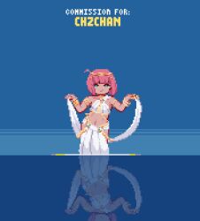 1girl animated animated_gif armlet arms_up belly_dancing blinking blue_background bob_cut borrowed_character bracelet character_request closed_eyes collarbone commission english_text green_eyes jewelry looking_at_viewer lynte midriff navel open_mouth original pink_hair pixel_art reflection short_hair simple_background solo