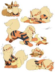 animal_focus arcanine black_eyes bright_pupils claws eevee evolutionary_line flareon game_freak gen_1_pokemon growlithe heart highres licking looking_at_viewer nintendo no_humans open_mouth pokemon pokemon_(creature) running sitting smile tiger_subaru tongue tongue_out white_pupils