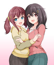 2girls aqua_eyes black_hair black_skirt breasts brown_eyes brown_hair buttons cardigan furutachi_kurea gradient_background green_skirt hair_ornament hair_scrunchie hibi_wa_sugiredo_meshi_umashi hood hoodie hug kawai_mako long_sleeves looking_at_viewer medium_hair multiple_girls multiple_hair_clips open_mouth pink_cardigan pleated_skirt sailor_collar scrunchie senou34 simple_background skirt smile twintails two-tone_hoodie white_sailor_collar yellow_hoodie yellow_scrunchie