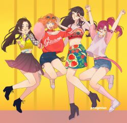 4girls arms_up blackpink blue_eyes blunt_bangs boots brown_hair choker commentary_request cosplay cotton_candy denim denim_shorts earrings floral_print gintama heart heart_earrings high_heel_boots high_heels highres imai_nobume jennie_(blackpink) jennie_(blackpink)_(cosplay) jewelry jisoo_(blackpink) jisoo_(blackpink)_(cosplay) jumping kagura_(gintama) lisa_(blackpink) lisa_(blackpink)_(cosplay) long_hair looking_at_viewer multiple_girls orange_hair parted_bangs penginius pink_hair ponytail red_eyes rose_(blackpink) rose_(blackpink)_(cosplay) shorts sidelocks skirt terakado_tsuu tokugawa_soyo v