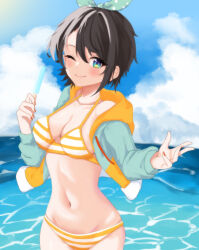 1girl absurdres beguzemu0728 bikini black_hair blue_eyes blue_headband blue_jacket blue_sky blush breasts cleavage cloud cropped_jacket food headband highres holding holding_food holding_popsicle hololive hood hooded_jacket jacket medium_breasts nail_polish navel official_alternate_costume oozora_subaru oozora_subaru_(hololive_summer_2019) orange_nails polka_dot_headband popsicle sky smile solo striped_bikini striped_clothes swimsuit virtual_youtuber water yellow_bikini yellow_jacket