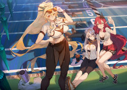 3girls arm_support artistic_error baobhan_sith_(fate) baobhan_sith_(morgan_stadium)_(fate) barghest_(fate) barghest_(morgan_stadium)_(fate) blonde_hair bottle breasts britomart_(fate) britomart_(morgan_stadium)_(fate) cleavage day eyewear_on_head fate/grand_order fate_(series) green_eyes hair_between_eyes hand_on_own_hip heterochromia holding holding_phone huge_breasts hxxg large_breasts long_hair looking_at_phone looking_at_viewer medium_breasts multiple_girls navel official_art outdoors phone pointy_ears ponytail red_hair revision second-party_source short_sleeves shorts sitting smile standing sunglasses sweat thighs toned track_and_field twintails very_long_hair water_bottle white_hair zipper zipper_pull_tab