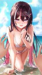 1girl all_fours azki_(hololive) beach bikini bikini_skirt black_hair blue_nails blush breasts cleavage colored_inner_hair frilled_skirt frills highres hinata_habi_ss hololive long_hair looking_at_viewer medium_breasts multicolored_hair navel open_mouth outdoors pink_hair pink_nails pov pov_hands purple_eyes signature skirt solo_focus streaked_hair swimsuit very_long_hair virtual_youtuber wet white_hair