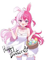 1girl animal_ears basket bell bow bowtie collar commentary cowboy_shot crescent crescent_facial_mark detached_collar dress easter_egg egg english_commentary english_text facial_mark floating_hair foot_up frilled_dress frills hair_between_eyes happy_easter highres holding holding_basket idol_corp lalabell_lullaby light_blush long_hair looking_at_viewer multicolored_hair neck_bell orenji_gallery pink_bow pink_bowtie pink_eyes pink_hair pink_shoes rabbit_ears rabbit_girl shoes simple_background sleeveless sleeveless_dress solo spaghetti_strap sparkling_eyes split-color_hair star_ahoge streaked_hair sundress thighhighs two_side_up virtual_youtuber w_arms white_background white_collar white_dress white_hair white_thighhighs wing_collar zettai_ryouiki