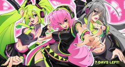 Rule 34 | 3girls, :d, ;d, black bow, black collar, black shirt, black shoes, black skirt, black sleeves, boots, bow, breasts, collar, commentary, countdown, d;, detached collar, detached sleeves, english commentary, eyeshadow, green hair, green necktie, grey hair, hair between eyes, hair bow, hatsune miku, long hair, makeup, megurine luka, multiple girls, navel, necktie, one eye closed, open mouth, outline, pink background, pink eyes, pink eyeshadow, pink hair, saewiam, second-party source, shirt, shoes, side slit, skirt, smile, teeth, thigh boots, tongue, twintails, twitter username, upper teeth only, vocaloid, yellow eyes, yowane haku