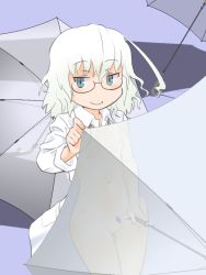 1girl afunai ahoge breasts glasses grey_eyes kagaku_chop lab_coat navel small_breasts smile solo suzuzono_sai umbrella white_hair x-ray