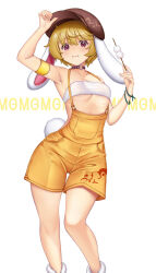 1girl :i adapted_costume animal_ears armpits breasts dango feet_out_of_frame food hat hataraki_kuma highres holding looking_at_viewer mg_mg one_eye_closed rabbit_ears rabbit_tail ringo_(touhou) short_hair shorts simple_background small_breasts solo suspenders tail touhou underboob wagashi white_background