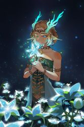 1girl animal_ears armlet blonde_hair bracelet braid circlet crown_braid dragon_ears dragon_girl dragon_horns dress earrings flower glowing glowing_eyes hashtag-only_commentary highres holding holding_flower horns jewelry light_dragon_(zelda) looking_at_viewer magatama magatama_necklace necklace nintendo princess_zelda sanri33 shiny_horns short_hair silent_princess solo spoilers standing strapless strapless_dress the_legend_of_zelda the_legend_of_zelda:_tears_of_the_kingdom