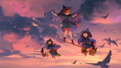3girls bag balancing belt bird black_dress black_hair bow broom broom_riding broom_surfing brown_bag brown_footwear brown_hair cape cat cloud cloudy_sky commentary dress english_commentary flying green_eyes grin hanging_lantern hat high_up holding holding_broom holding_wand long_hair looking_at_another medium_hair multiple_girls original outdoors outstretched_arms pink_sky puffy_short_sleeves puffy_sleeves purple_bow purple_cape purple_ribbon ribbon sandara satchel short_sleeves short_twintails sky smile teeth too_many too_many_birds twintails upper_teeth_only wand witch witch_hat