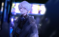Rule 34 | 1boy, black sweater, blue eyes, blurry, blurry background, closed mouth, commentary, earrings, film grain, grey jacket, highres, hood, hood down, hooded jacket, hoop earrings, indie utaite, jacket, jewelry, light smile, looking at viewer, male focus, mano aaa, mask, mask around neck, open clothes, open jacket, respirator, short hair, solo, sou (utaite), sweater, swept bangs, turtleneck, turtleneck sweater, upper body, utaite, white hair