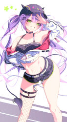 1girl arm_up baseball_cap belt bibi_(tokoyami_towa) black_choker black_hat black_shorts black_tank_top breasts center-flap_bangs choker colored_inner_hair commentary_request crop_top cropped_jacket demon_girl demon_tail double-parted_bangs earclip fake_horns fishnet_thighhighs fishnets green_eyes grin hair_ornament hairclip hand_up hat highres hololive horned_headwear horns jacket legwear_garter long_hair looking_at_viewer midriff multicolored_hair nail_polish navel navel_piercing o-ring o-ring_choker off_shoulder parallel_hairclips partially_unzipped piercing pink_hair pointy_ears purple_hair sho_me_1853 short_shorts shorts single_thighhigh small_breasts smile solo spiked_ear_piercing tail tank_top thigh_strap thighhighs tokoyami_towa tokoyami_towa_(1st_costume) twintails virtual_youtuber white_belt white_jacket