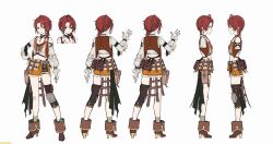 1girl ahoge atelier_(series) atelier_resleriana boots brown_footwear reference_sheet closed_mouth cropped_shirt earrings frilled_skirt frills from_behind from_side full_body green_eyes hair_between_eyes hand_on_own_hip heidi_(atelier) highres jewelry knee_pads long_hair long_sleeves looking_at_viewer multiple_views official_art pouch profile puffy_long_sleeves puffy_sleeves red_hair second-party_source shirt simple_background single_knee_pad skirt smile standing thigh_pouch tokki white_background white_shirt