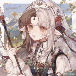 1girl animal_ears basket black_bow black_dress blue_butterfly blue_sky border bow brown_bow brown_eyes brown_hair bud bug butterfly collared_shirt country_lolita cross-laced_clothes cross-laced_top day dress eyelashes flower frilled_sleeves frills green_shawl hair_bow hat hat_bow hat_flower headscarf high_collar holding holding_staff insect leaf lolita_fashion long_sleeves looking_at_viewer mountain multicolored_hair multiple_hair_bows nail_polish original outdoors outside_border parted_bangs pinafore_dress pink_nails puffy_long_sleeves puffy_sleeves purple_flower red_flower red_rose ribbon-trimmed_headwear ribbon-trimmed_sleeves ribbon_trim rose sample_watermark sheep_ears shirt sidelocks sky sleeveless sleeveless_dress solo staff tareme too_many_watermarks tree two-tone_bow two-tone_hair upper_body watermark weibo_watermark white_border white_bow white_hair white_headscarf white_shirt xi_guapi