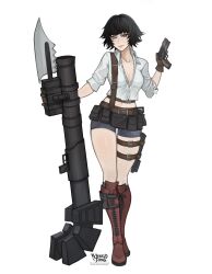 1girl absurdres artist_name bad_id bad_twitter_id bike_shorts black_hair boots brown_gloves commission devil_may_cry devil_may_cry_(series) devil_may_cry_3 gloves grimoireweiss gun handgun heterochromia highres holding holding_gun holding_weapon kalina_ann_(weapon) lady_(devil_may_cry) midriff no_bra rocket_launcher scar scar_on_face scar_on_nose shirt short_hair signature simple_background thigh_strap watermark weapon white_background white_shirt