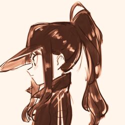 Rule 34 | 1girl, baseball cap, blush, chaco (eisu), eisu (eith), hat, highres, jacket, long hair, original, ponytail, profile, sepia, sidelocks, simple background, track jacket, white background