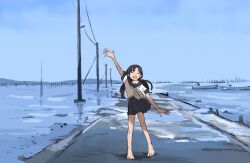 1girl arm_up barefoot black_hair black_skirt blue_sky boat commentary_request day full_body kumamoto_prefecture long_hair nagabeta_seabed_road open_mouth original outdoors pleated_skirt power_lines real_world_location road rowboat school_uniform serafuku shirt skirt sky smile solo standing takaichi_(tkch) utility_pole water watercraft waving white_shirt