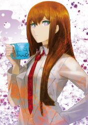 1girl absurdres black_pantyhose breasts brown_hair collared_shirt cup hair_between_eyes hair_over_shoulder highres holding holding_cup huke lab_coat long_hair looking_to_the_side makise_kurisu necktie non-web_source official_art pantyhose purple_eyes purple_trim red_necktie ringed_eyes shiny_lips shirt small_breasts solo square_pupils steins;gate steins;gate:_linear_bounded_phenogram upa_(steins;gate) white_shirt