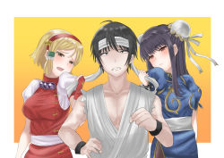 1boy 2girls aasa_sa absurdres arms_at_sides black_eyes black_hair blush bracelet breasts brown_eyes bun_cover capcom chun-li chun-li_(cosplay) clenched_hand cosplay double_bun dougi fingerless_gloves gloves gold_trim gradient_background hair_bun hairband headband hidaka_koharu high_score_girl highres jewelry long_hair looking_at_viewer medium_breasts multiple_girls name_connection oono_akira open_mouth pantyhose puffy_short_sleeves puffy_sleeves red_gloves red_hairband ryu_(street_fighter) ryu_(street_fighter)_(cosplay) short_hair short_sleeves sidelocks spiked_bracelet spikes standing street_fighter upper_body white_headband yaguchi_haruo yellow_background