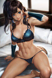 1girl armpits avatar_legends barefoot bed black_hair blue_bra blue_eyes blue_panties blue_sleeves blurry blurry_background bra breasts brown_skirt earrings freckles fur-trimmed_skirt fur_trim hair_tubes jewelry korra long_hair looking_at_viewer medium_breasts midriff navel neoartcore nose on_bed paid_reward_available panties pillow ponytail shadow sidelocks skirt solo the_legend_of_korra toned toned_female underwear unworn_skirt