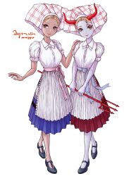 2girls absurdres apron ays_7 blonde_hair blue_eyes blue_skirt colored_skin demon_girl demon_horns full_body hand_on_another&#039;s_shoulder highres holding holding_polearm holding_weapon horns looking_at_viewer maid mary_janes multiple_girls original polearm purple_skin red_skirt shoes skirt standing trident weapon white_background