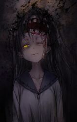 1girl black_hair broiler drooling expressionless extra_mouth highres long_hair looking_at_viewer monster_girl one_eye_closed original solo teeth upper_body yellow_eyes