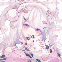 1girl animal animal_ear_fluff animal_ears bare_shoulders black_choker braid cat cat_ears choker closed_mouth colored_inner_hair commission covered_mouth expressionless eyelashes flower frilled_choker frills fur_hairband hair_flower hair_ornament hairband hairclip head_tilt heart heart_hair_ornament holding holding_animal holding_cat jacket light_blush long_hair long_sleeves maokeson multicolored_hair nail_polish original paw_hair_ornament pink_hair pink_jacket pink_nails pom_pom_(clothes) pom_pom_hair_ornament puffy_long_sleeves puffy_sleeves purple_eyes purple_hair sample_watermark single_braid sleeves_past_wrists solo streaked_hair too_many_watermarks two_side_up upper_body very_long_hair watermark weibo_watermark white_background white_flower white_hair white_hairband x_hair_ornament