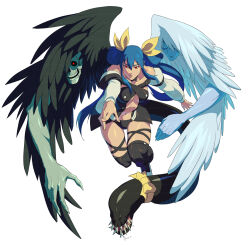 1girl angel_wings ashensol asymmetrical_wings bare_shoulders black_choker black_thighhighs blue_hair breasts center_opening choker collarbone detached_sleeves dizzy_(guilty_gear) guilty_gear guilty_gear_x guilty_gear_xx hair_between_eyes hair_ribbon hair_rings highres medium_breasts monster_girl navel necro_(guilty_gear) outstretched_arm red_eyes ribbon sidelocks simple_background solo tail tail_ornament tail_ribbon thick_thighs thigh_gap thigh_strap thighhighs thighs twintails undine_(guilty_gear) white_background wings yellow_ribbon