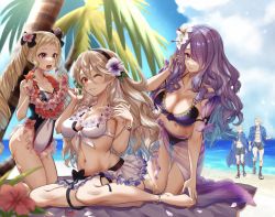 2boys 3girls beach bikini blonde_hair bow breasts brother_and_sister brothers camilla_(fire_emblem) cleavage corrin_(female)_(fire_emblem) corrin_(fire_emblem) elise_(fire_emblem) fire_emblem fire_emblem_fates fire_emblem_heroes flower flower_collar flower_on_head hair_bow hair_ornament hair_over_one_eye highres karashino kneeling large_breasts leo_(fire_emblem) long_hair medium_breasts multiple_boys multiple_girls nintendo official_alternate_costume on_ground one-piece_swimsuit one_eye_closed one_eye_covered palm_tree purple_bikini purple_eyes purple_hair red_eyes siblings silver_hair sisters sitting skirt swimsuit tree twintails white_bikini xander_(fire_emblem)