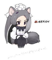 10s 1girl :| animal_ears ant anteater_ears anteater_tail black_bow black_gloves black_pantyhose bow breast_pocket bug center_frills character_name chibi clenched_hands closed_mouth cross-laced_clothes drooling expressionless eyebrows female_focus forehead frills full_body fur_collar giant_anteater_(kemono_friends) gloves gradient_hair grey_hair hair_ornament hair_ribbon hairpin hands_on_own_knees insect japari_symbol kemono_friends legs_together long_hair long_sleeves looking_down moru_(monaka) multicolored_hair no_nose pantyhose pocket purple_eyes ribbon simple_background sitting solo tail tsurime underbust white_background white_footwear white_hair white_ribbon