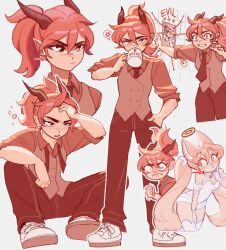 2girls animal_ear_fluff animal_ears arielle_(cudlil) between_legs black_eyes breasts brown_eyes brown_hair cleavage collared_shirt cudlil cup dani_(cudlil) drinking floating_hair fox_ears fox_girl fox_tail frown halo hand_between_legs hand_in_pocket hand_on_own_forehead head_tilt holding holding_cup horns leaning_forward leotard meme mug multiple_girls multiple_views musical_note necktie original pants parted_lips pepe_silvia_(meme) pointy_ears ponytail red_necktie red_pants red_shirt red_vest shirt shoes sneakers speech_bubble spoken_musical_note tail v-shaped_eyebrows vest white_leotard white_shoes