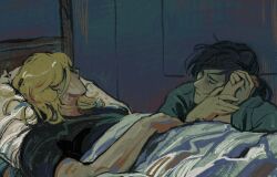 Rule 34 | 2boys, bed frame, black hair, black shirt, blonde hair, blue shirt, closed eyes, closed mouth, commentary, dimitri alexandre blaiddyd, dimitri alexandre blaiddyd (timeskip), english commentary, felix hugo fraldarius, fire emblem, fire emblem: three houses, hand on another&#039;s face, highres, holding hands, looking at another, lying, male focus, medium hair, multiple boys, nintendo, on back, pillow, ponytail, shirt, short sleeves, snowkying, t-shirt, under covers, yaoi