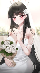 1girl :o absurdres alternate_costume black_hair blue_archive blurry blurry_background blush bouquet braid breasts bridal_veil bright_pupils cleavage dress emduck flower hair_flower hair_ornament halo highres holding holding_bouquet large_breasts long_hair looking_at_viewer red_eyes rio_(blue_archive) solo veil very_long_hair wedding_dress white_dress