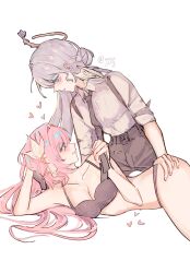 2girls absurdres black_bra black_necktie black_pants blue_eyes bra breasts clothes_grab collared_shirt commentary elysia_(honkai_impact) english_commentary hair_ornament halo hand_on_another&#039;s_hip heart highres honkai:_star_rail honkai_(series) honkai_impact_3rd long_hair lying mossjelly multiple_girls necktie necktie_grab neckwear_grab on_side pants parted_lips pink_hair pointy_ears robin_(honkai:_star_rail) shirt signature suspenders underwear underwear_only white_shirt yuri