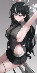 1girl absurdres armpits black_hair breasts closed_mouth highres large_breasts long_hair looking_at_viewer mac_star multicolored_hair original purple_eyes solo streaked_hair white_hair