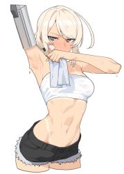 1girl absurdres armpits arms_up bandaid bandaid_on_face bandeau black_shorts blonde_hair blue_eyes blush breasts commentary covered_mouth cropped_legs cutoffs cyborg denim denim_shorts english_commentary eri_(uragoner) gluteal_fold highres holding holding_rag kuso_otoko looking_at_viewer mechanical_arms medium_breasts micro_shorts navel shorts simple_background single_mechanical_arm solo sweat tan tanline uragoner very_sweaty white_background white_bandeau yellow_pupils