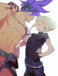 2boys :d aqua_hair arm_around_waist belt belt_pouch black_gloves black_pants black_shirt bracelet closed_mouth cowboy_hat earrings galo_thymos gloves half_gloves happy hat height_difference highres jewelry km_(ksolee1201) lio_fotia male_focus mohawk multiple_boys muscular muscular_male nipples open_mouth pants pouch promare puckered_lips purple_hair red_pants shirt short_hair simple_background sleeveless sleeveless_shirt smile topless_male white_background yaoi
