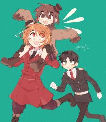 Rule 34 | 3boys, aqua background, artist name, axis powers hetalia, baggy pants, belt, black hair, black hat, black jacket, black pants, boots, brown boots, brown coat, brown eyes, brown gloves, brown hair, brown pants, brown shoes, bulgaria (hetalia), buttons, carrying, clenched hand, closed mouth, coat, collared shirt, empty eyes, fangs, fur-trimmed coat, fur-trimmed sleeves, fur trim, gloves, green eyes, hair between eyes, hand up, hands up, hat, jacket, lapels, leg up, long sleeves, looking at another, male focus, military jacket, military uniform, mini hat, moldova (hetalia), multiple boys, necktie, notice lines, one side up, open mouth, orange hair, pants, piggyback, rchyl, red belt, red coat, red eyes, red necktie, romania (hetalia), running, shirt, shoes, short hair, sidelocks, skirt, smile, teeth, walking, white belt, white gloves, white shirt