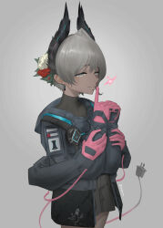 Rule 34 | 1girl, absurdres, arknights, black jacket, black shirt, closed mouth, covered collarbone, cowboy shot, dark-skinned female, dark skin, earrings, electric plug, electric plug tail, extra arms, film grain, finger to mouth, gloves, grey background, grey eyes, grey hair, heart, highres, jacket, jewelry, lightning bolt symbol, long sleeves, looking at viewer, myooork, pink gloves, profile, raidian (arknights), shirt, short hair, shushing, smile, solo, standing, tail, turtleneck, turtleneck shirt, unusually open eyes