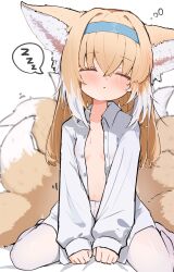 1girl absurdres animal_ears arknights blonde_hair blue_hairband blush breasts closed_eyes collared_shirt commentary crossed_bangs facing_viewer hair_between_eyes hairband highres long_hair multicolored_hair multiple_tails navel no_bra nyashiro_(sgylk) open_clothes open_shirt pantyhose parted_lips shirt simple_background sitting sleepy sleeves_past_wrists small_breasts solo sound_effects spoken_zzz squeans streaked_hair suzuran_(arknights) tail wariza white_background white_hair white_pantyhose white_shirt zzz
