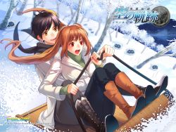 1boy 1girl :o black_hair boots brown_hair coat company_name copyright_name eiyuu_densetsu estelle_bright falcom full_body hair_intakes highres joshua_bright knee_boots logo long_hair official_art pants red_eyes sled smile snow sora_no_kiseki toboggan tree twintails winter yellow_eyes