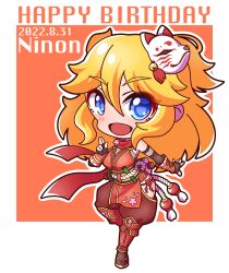 Rule 34 | 1girl, :d, absurdres, bare shoulders, black gloves, blonde hair, blue eyes, blush, breasts, brown pants, brown sandals, character name, commentary, dated, elbow gloves, fingerless gloves, fishnets, fox mask, full body, gloves, hand up, happy birthday, highres, kuji-in, long hair, mask, mask on head, medium breasts, ninon (princess connect!), obi, open mouth, orange background, pants, princess connect!, saishosaisekojo, sandals, sash, smile, solo, standing, standing on one leg, very long hair, zouri