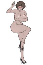 1girl black_hair blush breasts brown_eyes brown_hair completely_nude covering_breasts covering_privates dark-skinned_female dark_skin high_heels highres limbus_company looking_at_viewer nude outis_(project_moon) project_moon short_hair simple_background v wessidesuyo white_background