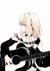1girl bang_dream! bang_dream!_it&#039;s_mygo!!!!! blonde_hair clothing_cutout commentary_request doloris_(bang_dream!) guitar hair_between_eyes highres holding holding_guitar holding_instrument instrument long_sleeves medium_hair misumi_uika parted_lips piano purple_eyes sen_jin_chen shoulder_cutout sidelocks simple_background solo white_background