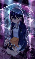 1girl absurdres black_hair blue_jacket commentary conch_(gundam) expressionless gundam gundam_gquuuuuux highres holding holding_umbrella jacket looking_at_viewer nyaan_(gundam_gquuuuuux) reflection reflective_water school_uniform solo squatting torinari_(dtvisu) umbrella