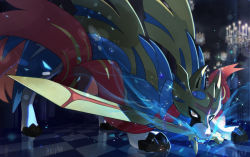 Rule 34 | bad id, bad pixiv id, blurry, claws, commentary request, energy, gen 8 pokemon, legendary pokemon, mizuiro abokado, mouth hold, nintendo, no humans, orange eyes, pokemon, pokemon (creature), reflection, solo, sparkle, standing, sword, tile floor, tiles, weapon, zacian, zacian (crowned)