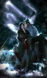 Rule 34 | 2boys, absurdres, black hair, black hanfu, blood, blood on body, blood on clothes, blood on face, blood on hands, blurry, blurry background, boots, carrying, cave, chest tattoo, chinese clothes, closed eyes, closed mouth, coat, coat partially removed, collarbone, dark, depth of field, full body, grass, grey coat, hair down, hair ribbon, half updo, hanfu, headband, highres, injury, korean commentary, lan wangji, long hair, long sleeves, looking at another, male focus, modao zushi, multiple boys, night, niken (niken ouo), off shoulder, official alternate costume, official alternate hairstyle, open clothes, open coat, outdoors, parted lips, pectoral cleavage, pectorals, princess carry, red ribbon, red sash, ribbon, robe, rock, sash, sitting, sitting on lap, sitting on person, tattoo, topknot, wei wuxian, wei wuxian (yiling laozu), white boots, white hanfu, white headband, wide sleeves, xiao guan (headdress), yaoi, yellow eyes