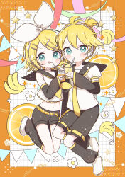 1boy 1girl :q anniversary aobahosino aqua_eyes banana black_sailor_collar black_shorts black_sleeves blonde_hair blush bow bow_hairband commentary_request detached_sleeves drink drinking drinking_straw flower food fruit full_body grid hair_ornament hairband hairclip highres holding holding_drink kagamine_len kagamine_rin leg_warmers neckerchief necktie orange_(fruit) orange_slice ponytail sailor_collar shoes short_ponytail short_sleeves shorts signature star_(symbol) tongue tongue_out vocaloid white_bow white_shoes yellow_neckerchief yellow_necktie