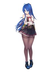 1girl absurdres ahoge ankle_boots arms_under_breasts assault_lily bare_shoulders belt belt_buckle black_ribbon black_shirt black_skirt blue_boots blue_hair boots bow bowtie breasts brown_belt brown_pantyhose buckle buttons collarbone commentary_request detached_sleeves frilled_skirt frills hair_between_eyes hair_over_one_eye hair_ribbon hand_on_own_arm hand_on_own_elbow high_ponytail highres hotaru_(ultraroly_poly) lace-trimmed_sleeves lace_trim large_breasts long_bangs long_hair long_sleeves looking_at_viewer miniskirt multiple_belts neck_ribbon official_art pantyhose parted_lips pigeon-toed ponytail purple_eyes red_bow red_bowtie ribbon sailor_collar school_uniform serafuku shirt sidelocks simple_background single_stripe skirt sleeveless sleeveless_shirt solo standing striped_clothes striped_skirt thighband_pantyhose two-tone_shirt very_long_hair white_background white_sailor_collar white_shirt wide_sleeves yamamoto_kikyou
