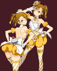 2girls arm_up back bare_shoulders bow bow_legwear bowtie breasts brown_background brown_eyes brown_hair cup detached_sleeves dress food-themed_ornament from_behind futami_ami futami_mami gingerbread_man gloves grin hair_ribbon hand_on_own_hip hands_on_own_hips hat idolmaster idolmaster_(classic) idolmaster_one_for_all kokugo leaning_forward looking_at_viewer looking_back mini_hat multiple_girls one_eye_closed puffy_detached_sleeves puffy_sleeves ribbon short_hair shoulder_blades siblings side_ponytail simple_background sisters smile standing striped_bow striped_bowtie striped_clothes striped_thighhighs teacup teatime_happiness_(idolmaster) thighhighs twins white_gloves yellow_dress yellow_ribbon