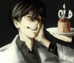 1boy 1other :d birthday black_background black_eyes black_hair black_shirt candle coat collared_shirt cupcake doodle_inset double-parted_bangs food grin hair_between_eyes holding holding_plate kim_dokja macaronijail omniscient_reader&#039;s_viewpoint open_mouth out_of_frame plate popped_collar scratching_head shirt short_hair smile sparkle squid white_coat